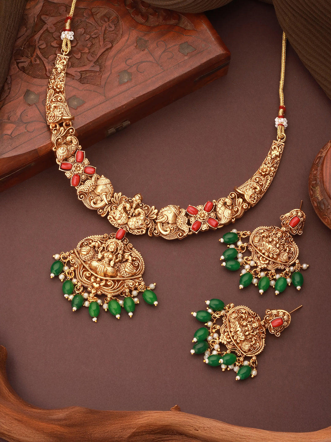 Gold Polish Red Coral Studded Lakshmiji Temple Necklace Jewellery Set